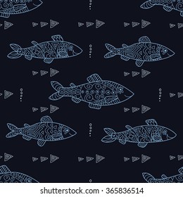 Stylish seamless texture with doodled Baikal omul in blue colors in vector.