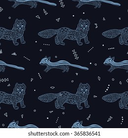 Stylish seamless texture with doodled Baikal mustelidae and chipmunk in blue colors in vector.