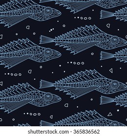 Stylish seamless texture with doodled Baikal oilfish golomyanka in blue colors in vector.