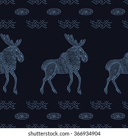 Stylish seamless texture with doodled Baikal elk in blue colors in vector.