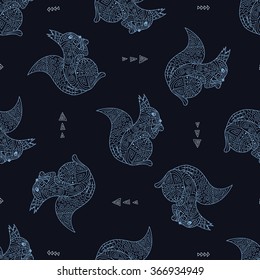 Stylish seamless texture with doodled Baikal squirrel in blue colors in vector.