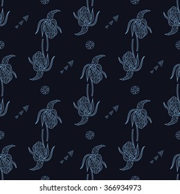 Stylish seamless texture with doodled Baikal iris in blue colors in vector.