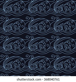 Stylish seamless texture with doodled Baikal storm wave  in blue colors in vector.