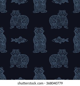 Stylish seamless texture with doodled Baikal bear and omul in blue colors in vector.
