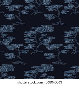 Stylish seamless texture with doodled Baikal cedar in blue colors in vector.