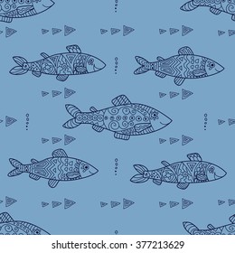 Stylish seamless texture with doodled Baikal omul in blue colors in vector on a light background.