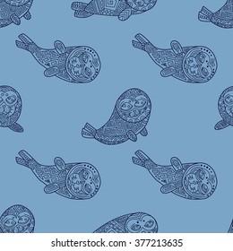 Stylish seamless texture with doodled Baikal seals in blue colors in vector on a light background.
