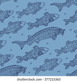 Stylish seamless texture with doodled Baikal omul and sturgeon in blue colors in vector on a light background.
