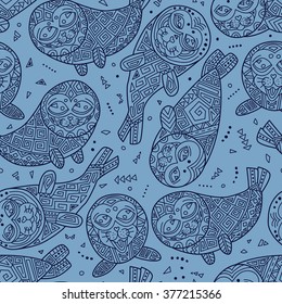Stylish seamless texture with doodled Baikal seals in blue colors in vector on a light background.