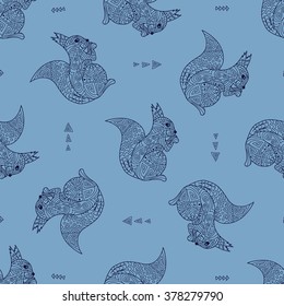 Stylish seamless texture with doodled Baikal squirrel in blue colors in vector on a light background.