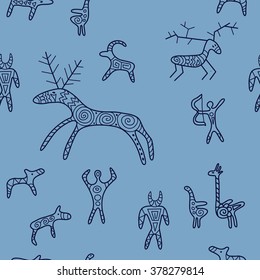 Stylish seamless texture with doodled Baikal petroglyphs in blue colors in vector on a light background.