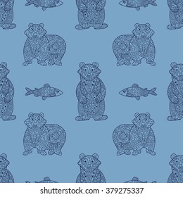 Stylish seamless texture with doodled Baikal bear and omul in blue colors in vector on a light background.