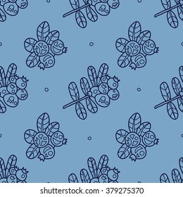 Stylish seamless texture with doodled Baikal berries cranberries in blue colors in vector on a light background.