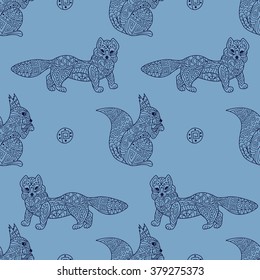 Stylish seamless texture with doodled Baikal squirrel and mustelidae in blue colors in vector on a light background.