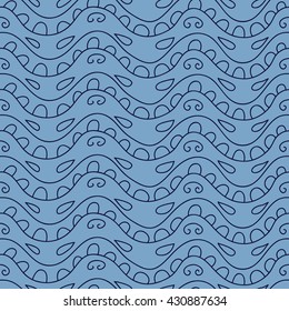 Stylish seamless texture with doodled Baikal ripple wave in blue colors in vector on a light background.