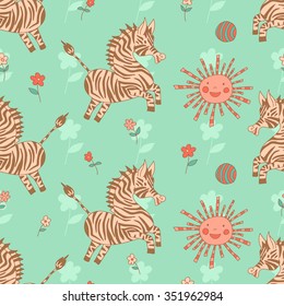 Stylish seamless texture with doodled cartoon zebra in pink and blue colors in vector.