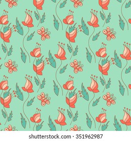 Stylish seamless texture with doodled cartoon flowers in pink and blue colors in vector.