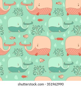 Stylish seamless texture with doodled cartoon whale in pink and blue colors in vector.