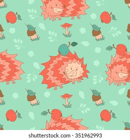 Stylish seamless texture with doodled cartoon hedgehog in pink and blue colors in vector.