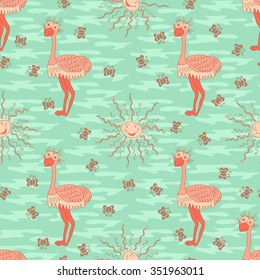 Stylish seamless texture with doodled cartoon ostrich in pink and blue colors in vector.