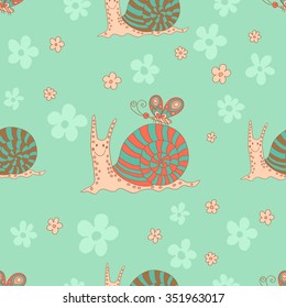 Stylish seamless texture with doodled cartoon snails in pink and blue colors in vector.