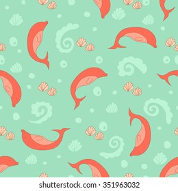 Stylish seamless texture with doodled cartoon dolphin in pink and blue colors in vector.