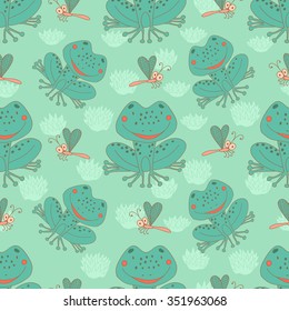 Stylish seamless texture with doodled cartoon frog in pink and blue colors in vector.