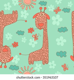 Stylish seamless texture with doodled cartoon giraffe in pink and blue colors in vector.