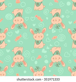 Stylish seamless texture with doodled cartoon rabbits in pink and blue colors in vector.