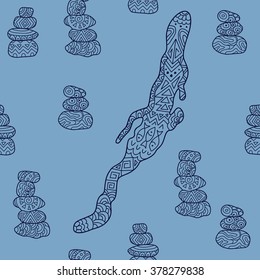 Stylish seamless texture with doodled contour of lake Baikal and cairns in blue colors in vector on a light background.