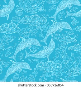 Stylish seamless texture with doodled dolphin in the clouds in blue colors in vector.