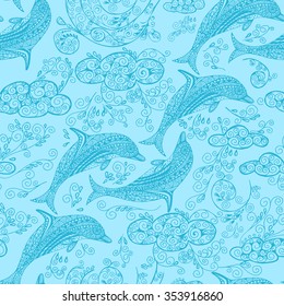 Stylish seamless texture with doodled dolphin in the clouds in blue colors in vector.