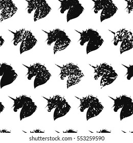 Stylish seamless texture with silhouettes of unicorns. Repeated pattern. Black unicorns on a white background. It can be used as wallpaper, upholstery, wrapping, fabric or your design.