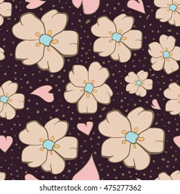 Stylish seamless vector background with color abstract flowers and hearts