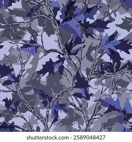 Stylish seamless vector camouflage with branches and leaves, perfect for hunting, military, and outdoor gear. Available in EPS format.