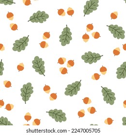 Stylish seamless vector pattern with acorns and oak tree leaves. Scandi style floral texture. Abstract woodland theme background for wrapping paper, gift, fabric, wallpaper, textile, packaging.