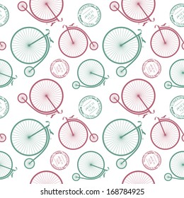 Stylish seamless vector pattern background with big wheel bicycle and stamps.