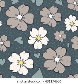 Stylish seamless vector pattern with color abstract flowers and hearts