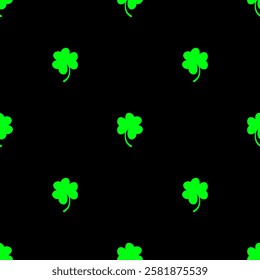 Stylish seamless vector pattern featuring green shamrock silhouettes on a black background. Perfect for St. Patrick's Day designs, festive decorations, wrapping paper, textiles, and digital projects.