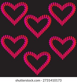A stylish seamless vector pattern featuring multiple heart shapes created with red and pink dots on a dark black background. This elegant halftone design is perfect for fabric printing, romantic gift wrapping paper, Valentine's Day wallpapers, and digital backgrounds. High-quality EPS format for easy scaling and customization.