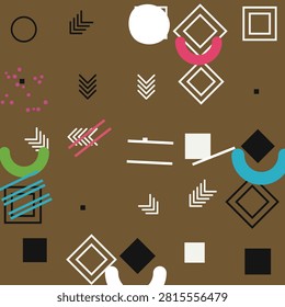 A stylish, seamless vector pattern featuring retro Memphis-inspired geometric elements like diamonds, squares, circles, arrows, lines, and curved arcs scattered across a warm brown background. Perfectly designed for fabric prints, packaging, wallpaper, graphic design projects, apparel, and modern digital wallpapers.
#GeometricPattern #MemphisStyle #SeamlessPattern #RetroDesign #VectorArt #SurfacePatternDesign #AbstractPattern #BrownBackground #TextilePrint #PatternDesign #GraphicDesign #DigitalPaper
