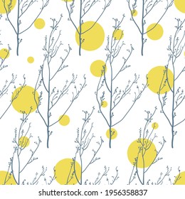 Stylish seamless vector pattern with grey, yellow circles on the white background. 
Trendy colors of 2021