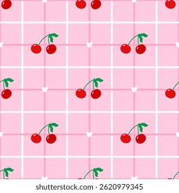 Stylish seamless vector print with cherries and gingham, ideal for modern fabric, edible-themed wallpapers, and playful textile designs