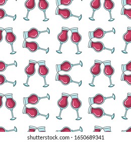 elegante Impresión vectorial Seamless con vasos de vino hechos a mano. patrón repetitivo ingenuo con alcohol. Ilustración plana sobre fondo blanco en estilo dibujado a mano. Fondo de impresión estilizado