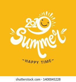 Stylish seasonal template 2019 Summer. Happy time. Bright yellow sun smiles. Vector illustration for season banner, label, poster, logo Summer.