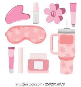 A stylish self-care and beauty essentials set in pastel pink tones. Includes a sleep mask, skincare products, gua sha, tumbler, and floral accessories. Perfect for feminine and wellness-themed designs