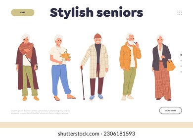 Elegante plantilla de diseño de página de aterrizaje senior con gente de edad avanzada vestida con ropa moderna y elegante