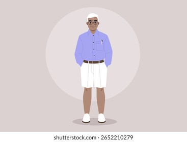 Stylish senior man enjoys a sunny day wearing shorts, relaxed with confidence and charm in a casual setting