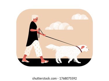 Stylish senior woman in fashionable cloth walking dog in park. Vector illustration in flat style.