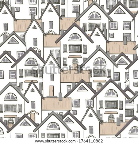 Stylish sepia monochrome seamless pattern with hand drawn houses one after another. Light brown endless texture with norway cityscape in scandinavia style for concept design. 